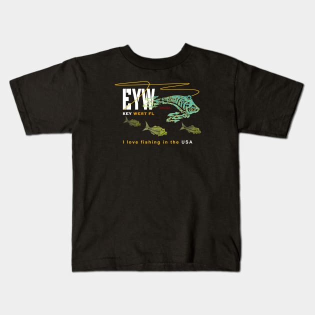 Key West FL., I love fishing in the USA, EYW Kids T-Shirt by The Witness